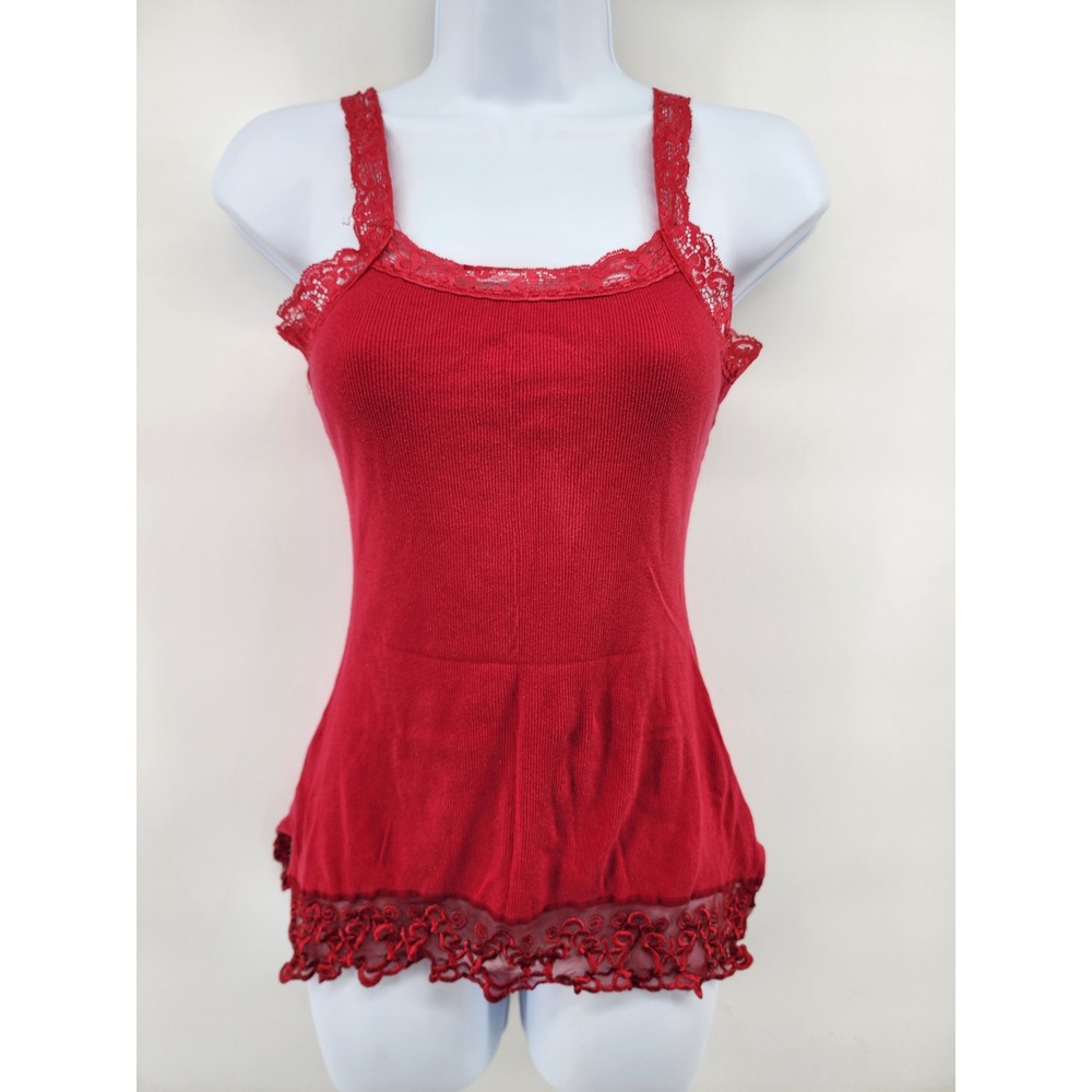 Vanity Red Ribbed Lace Trim Cami Tank Top Medium